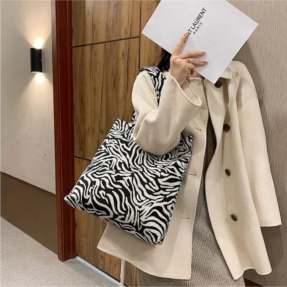 Large Zebra Tote Bag Black White Commuter Travel Minimalist Chic Fabric